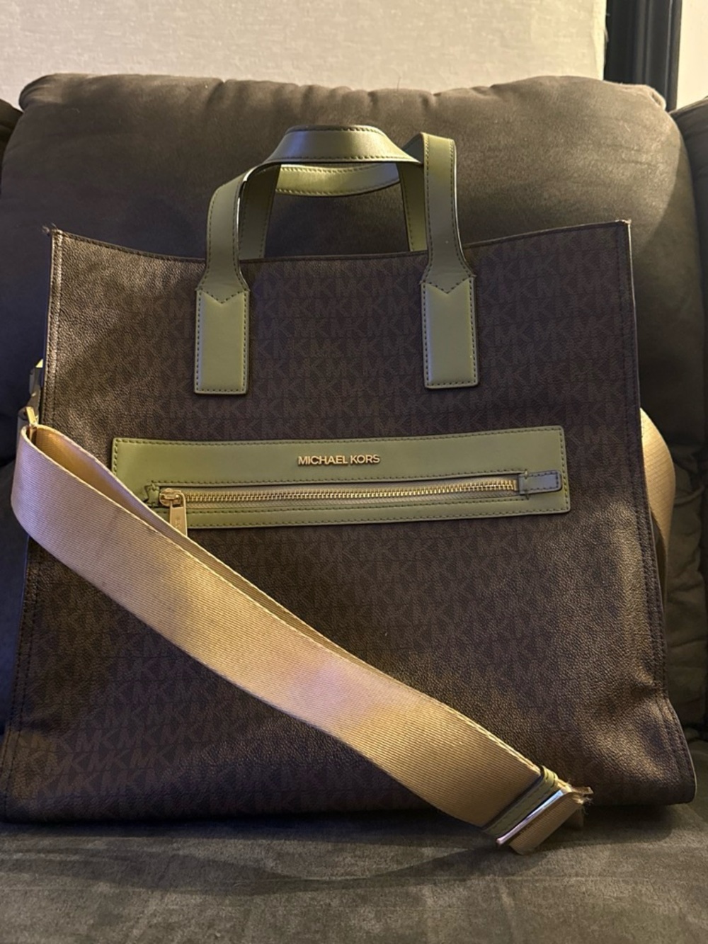 Michael Kors Brown Leather Messenger Tote with Olive Trim & Tan Strap